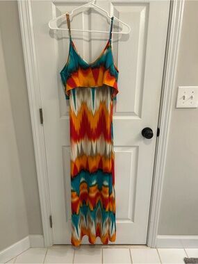 Vibrant Chevron Maxi Dress in Teal, Orange & Red
